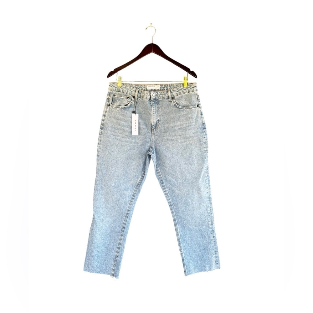 Topshop Light Wash Straight Cut off Bottom Denim Jeans Size 12 Waist 34 NWT